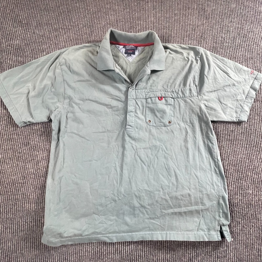 VTG Tommy Hilfiger Jeans Shirt Mens XL Blue Polo Snap Closure‎ Cotton Pocket Y2K